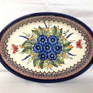 Boleslawiec Unikat Poland Pottery Oval Baking Serving Dish Blue Pansies Floral